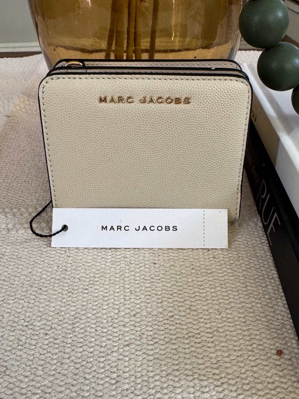 Marc Jacobs Cream Leather Compact Zip Card Holder with Gold Logo